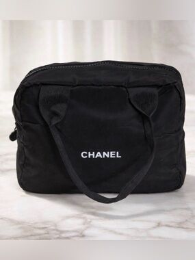 Chanel Black Cosmetic Puffy Pouch Makeup Bag Mini Boston Bag W/Handled